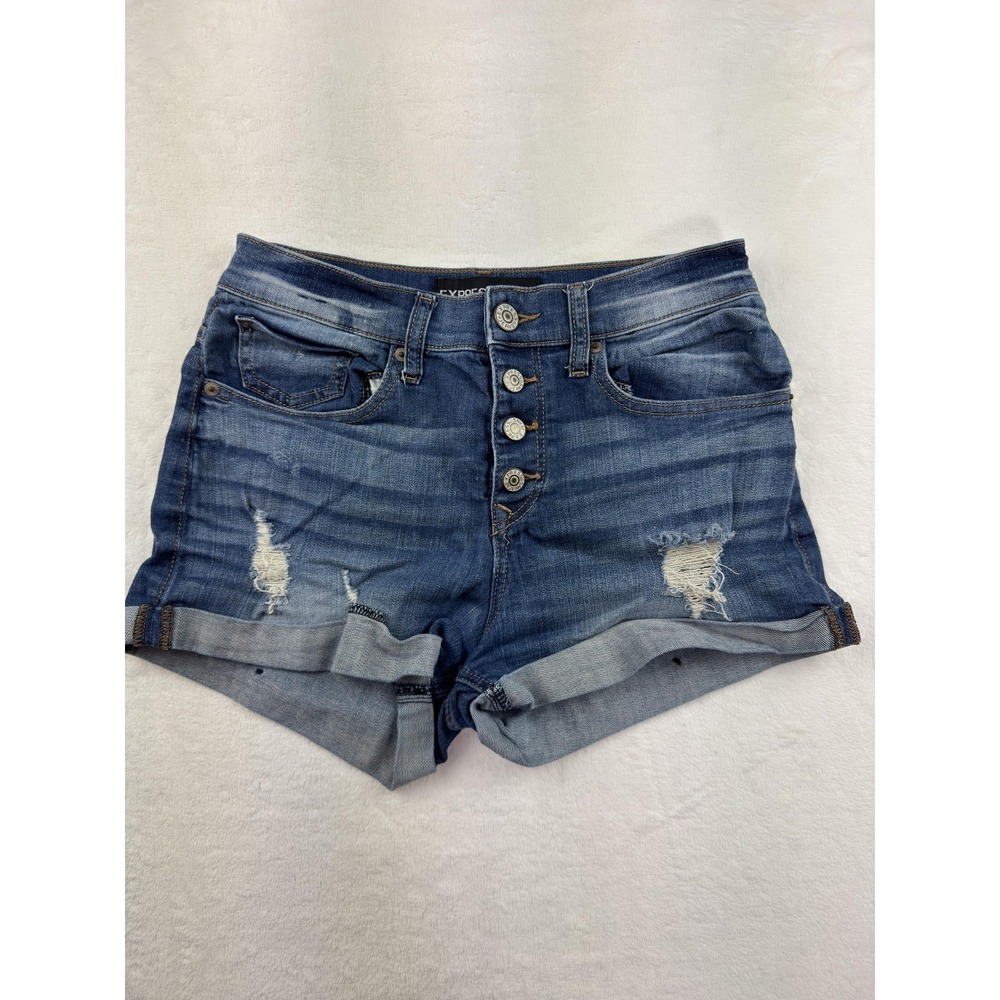 Express Shorts Womens 4 Blue Distressed Button Fly Cuffed Cut‎ Off Denim Casual